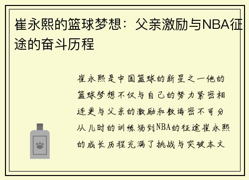 崔永熙的篮球梦想:父亲激励与NBA征途的奋斗历程 崔永熙的篮球梦想:父亲激励与NBA征途的奋斗历程