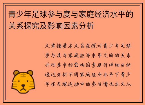 青少年足球参与度与家庭经济水平的关系探究及影响因素分析 青少年足球参与度与家庭经济水平的关系探究及影响因素分析