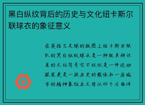 黑白纵纹背后的历史与文化纽卡斯尔联球衣的象征意义